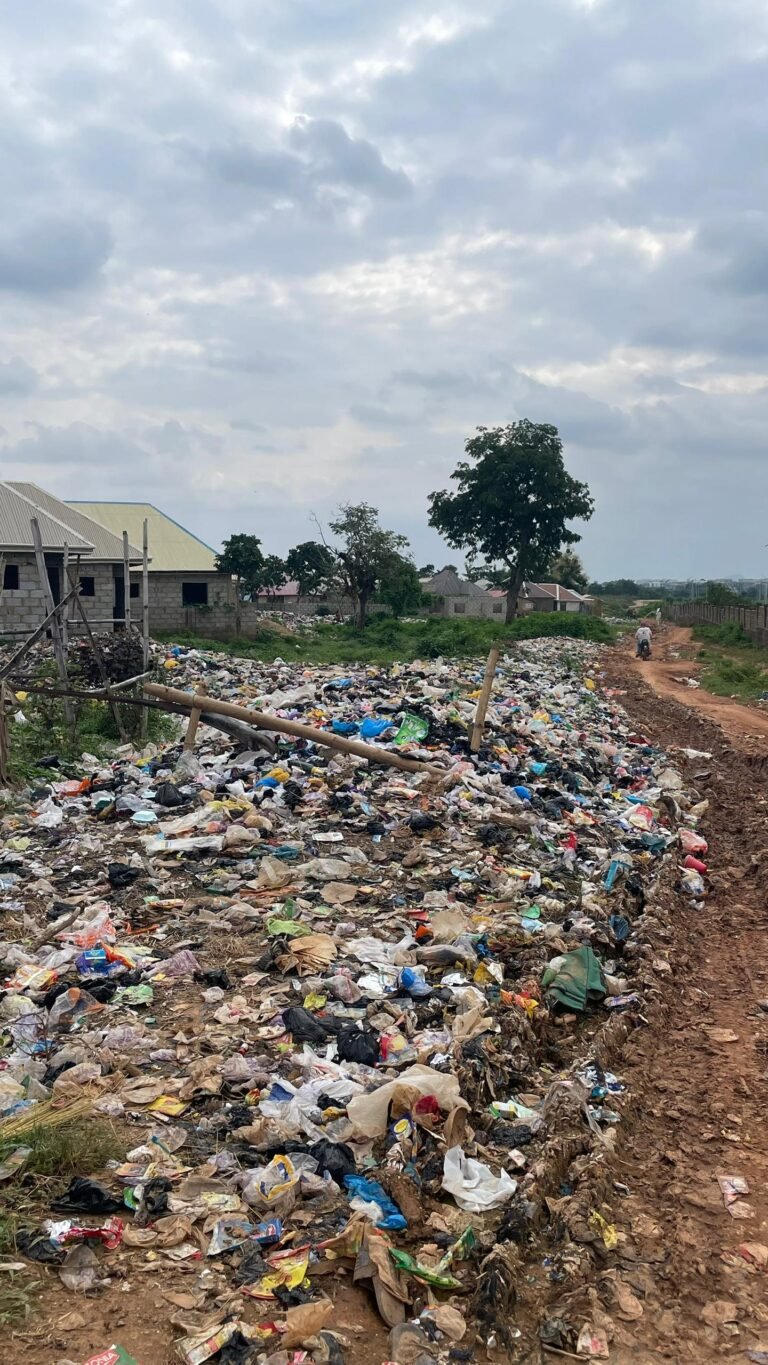 Open waste dump at the entrance of Karonmajiji community in Abuja, showing heaps of refuse scattered near homes and pathways.