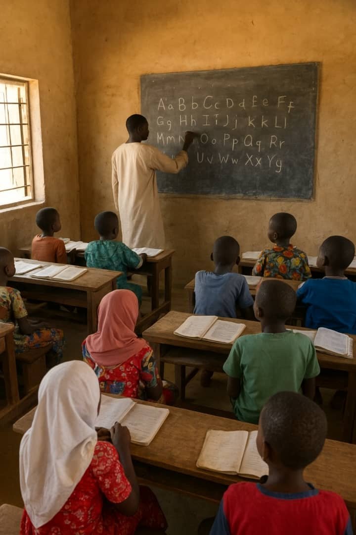 Rural Kano classroom where children sit on wooden benches with minimal learning materials, reflecting poor internet access and digital exclusion.