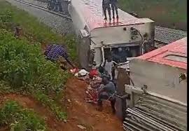 Damaged Abuja–Kaduna train carriages after derailment in Asham”