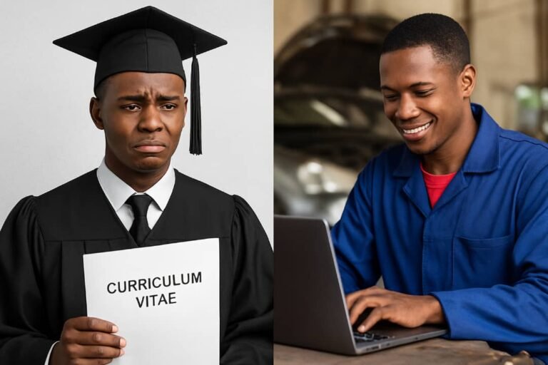 A split-image showing a worried Nigerian graduate holding a CV beside a smiling skilled worker using a laptop in a workshop.