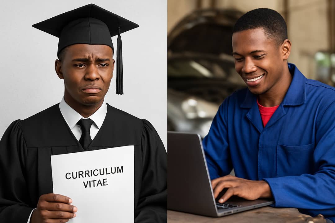 A split-image showing a worried Nigerian graduate holding a CV beside a smiling skilled worker using a laptop in a workshop.