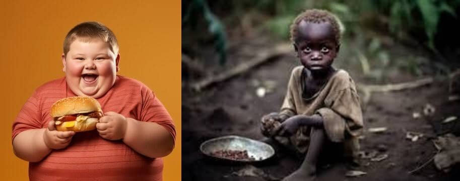 A split-scene image showing a thin, hungry child in rural Nigeria holding an empty plate on the left, and an overweight child in Lagos holding a soda and chips on the right, symbolising the country’s double burden of malnutrition and obesity.