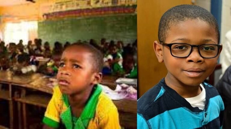 Nigerian mother helps her daughter adjust new eyeglasses after diagnosis of myopia.