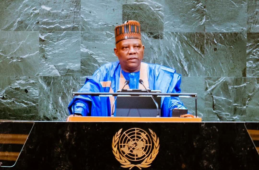 Nigerian Vice President Kashim Shettima delivering Nigeria’s statement at UNGA80 in New York, pressing for UN reforms and Africa’s Security Council seat.