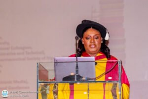 Professor Gloria Ayoola delivering inaugural lecture on medicinal plant research at UNILAG auditorium.