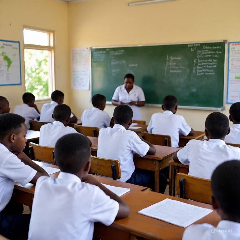 Nigerian students writing mathematics examination in classroom