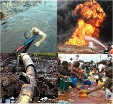 A vandalized crude pipeline leaking oil into the Niger Delta swamps.”
