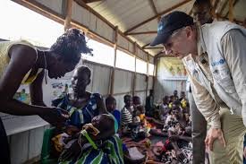Liam Neeson visits malnourished children at a UNICEF-supported hospital in Juba, South Sudan.