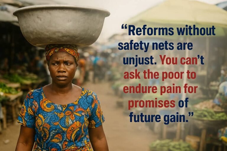 A Nigerian woman carrying a large basin on her head in a crowded open market, wearing a colourful patterned dress and headscarf, symbolising poverty and resilience amid economic hardship.