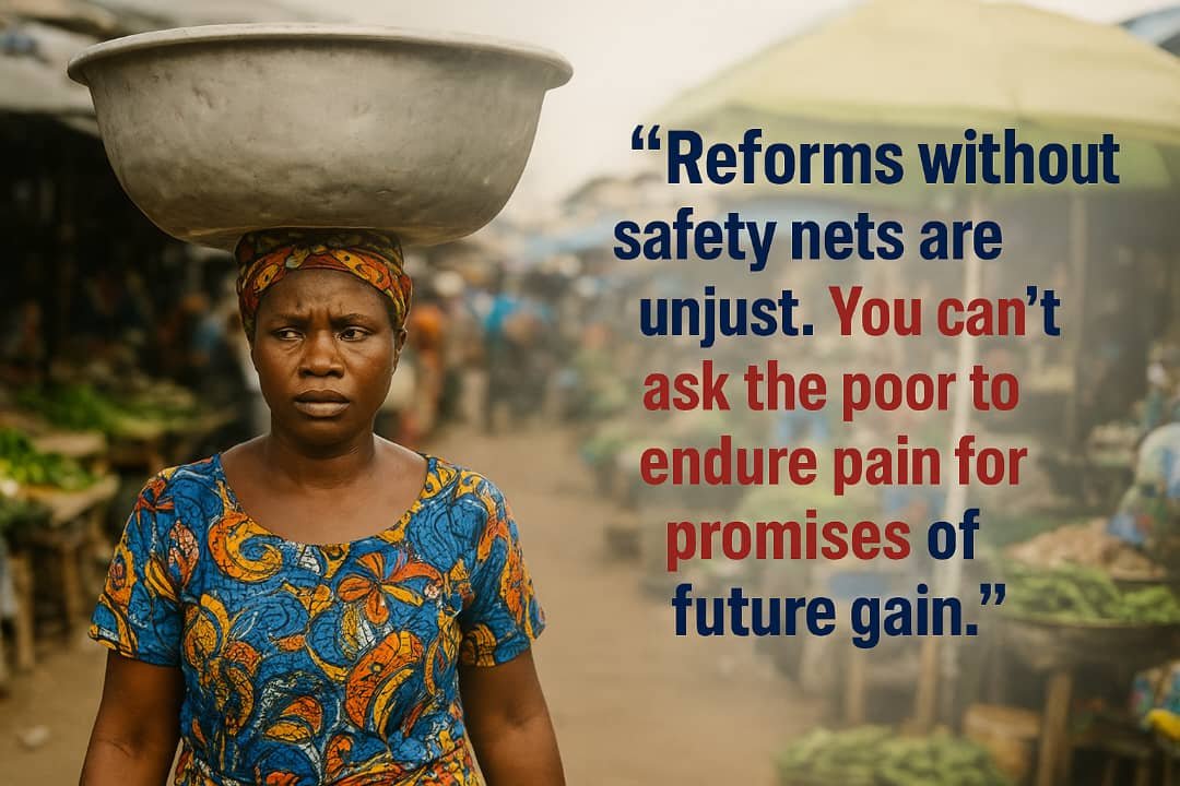 A Nigerian woman carrying a large basin on her head in a crowded open market, wearing a colourful patterned dress and headscarf, symbolising poverty and resilience amid economic hardship.