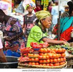 Nigerian market stall displaying staple food items