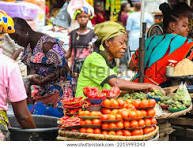Nigerian market stall displaying staple food items