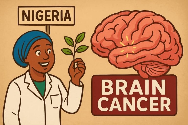 Cartoon-style digital illustration of Nigerian scientists working together in a modern laboratory, studying green plant extracts under microscopes, with a symbolic brain cancer cell in the background and the Nigerian flag subtly integrated into the scene.