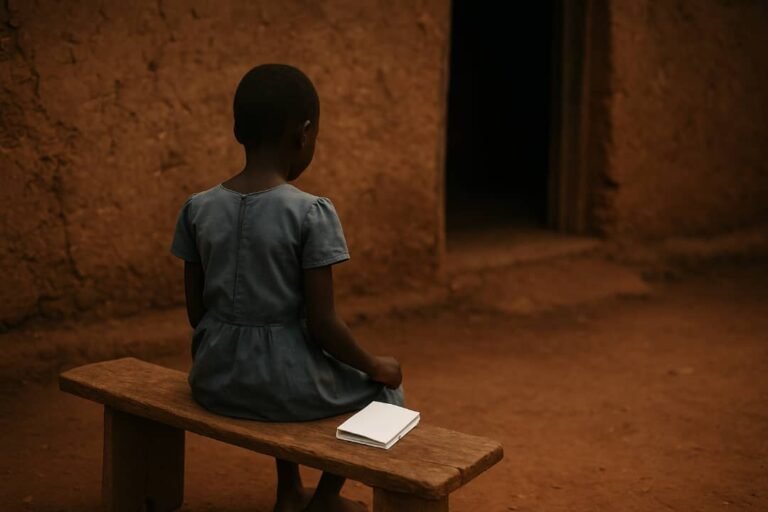 A young girl in a faded blue dress sits on a wooden bench outside a mud-walled house, her back turned to the camera, with a small notebook beside her