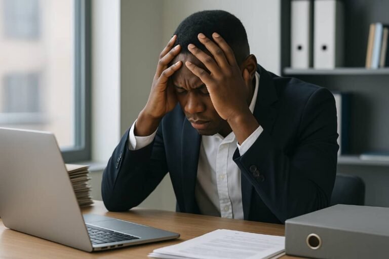 A young Nigerian office worker in a navy suit sits at his desk, holding his head in frustration and fatigue, surrounded by papers and a laptop in a bright office.