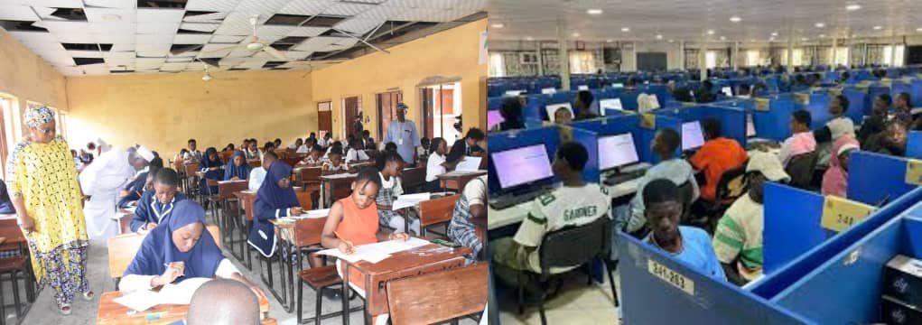 Composite image showing Nigerian students writing exams with pens in a dilapidated rural classroom on one side, and students typing on computers in a modern CBT centre on the other.