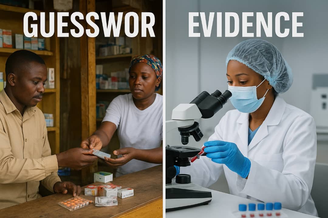 Split image showing a local chemist dispensing drugs without tests on one side, and a laboratory scientist conducting diagnostic tests on the other, symbolising Nigeria’s transition from guesswork to evidence-based medicine.