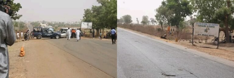 A rural road along the Kano–Katsina border near Funtua, through which bandits reportedly cross into Shanono villages at night.