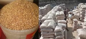 A vendor sells bags of beans in a Nigerian market, where pesticide contamination is common.