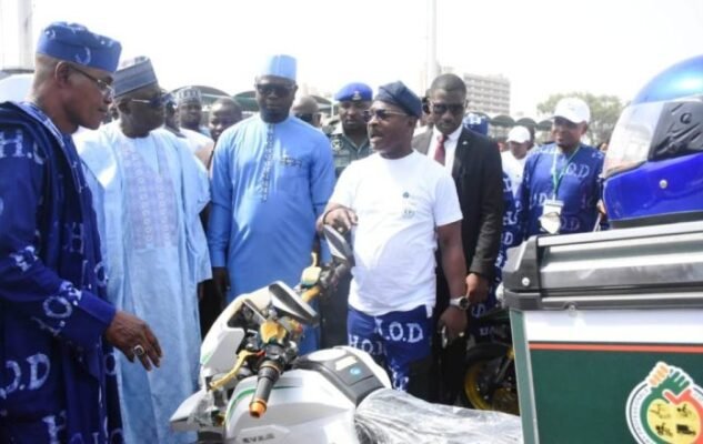 Electric tricycles displayed at the launch of Nigeria’s youth green mobility initiative in Abuja.