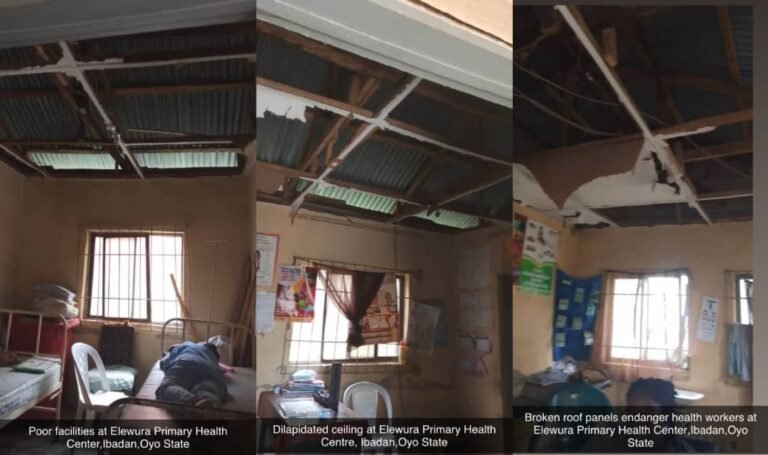 “Mother waiting with child outside dilapidated Elewura PHC