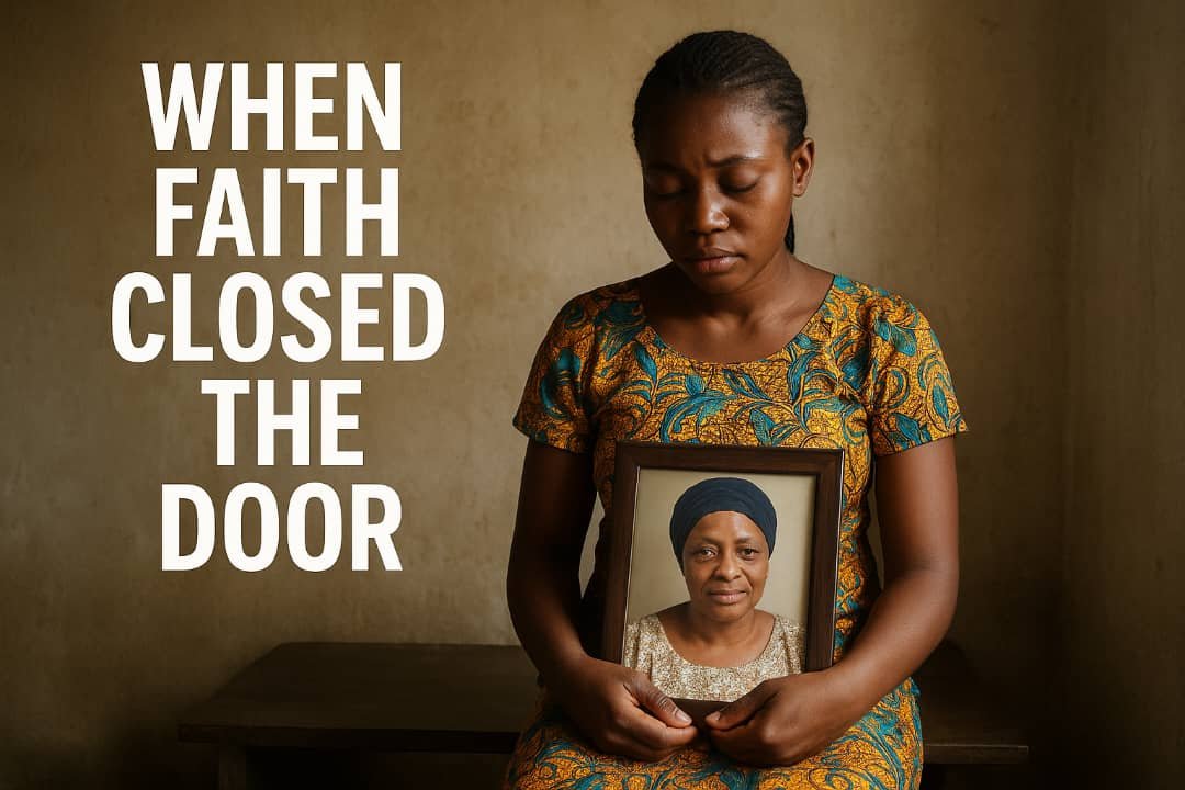 Daughter in the Ette community holding her late mother’s photograph, symbolising the human toll of refusing blood transfusion.