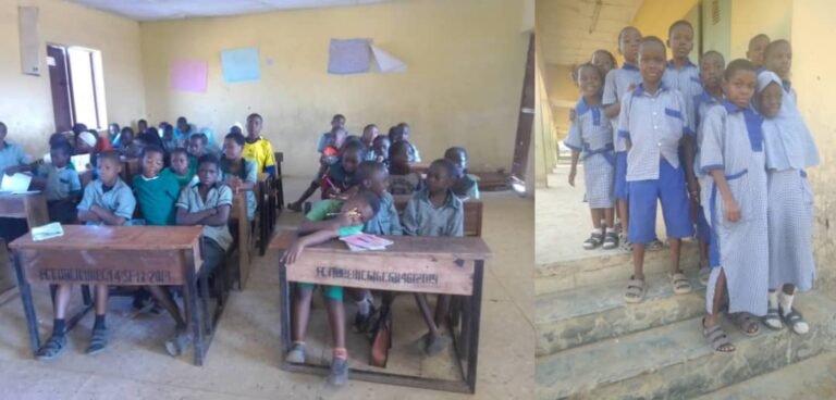Schoolchildren waiting in an empty feeding area after the suspension of Nigeria’s school feeding programme.