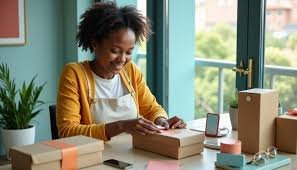 Young Nigerian entrepreneur packaging products for online delivery at home