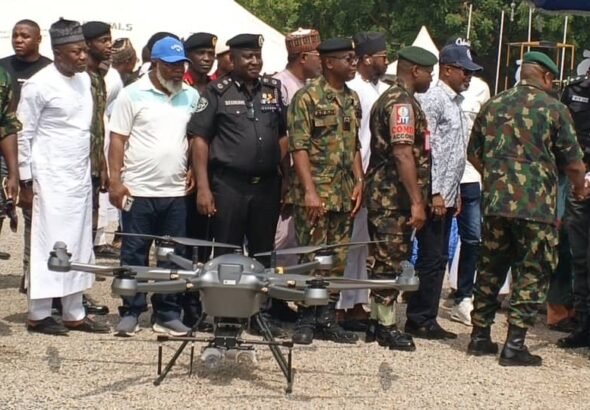 Governor Ododo presenting surveillance drones at military barracks in Lokoja