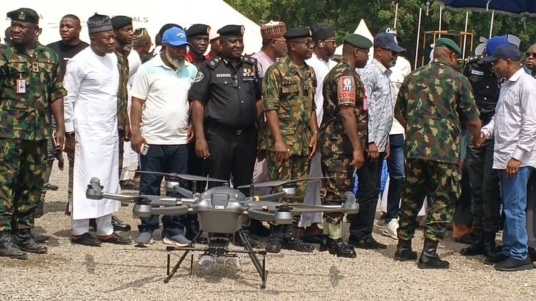 Governor Ododo presenting surveillance drones at military barracks in Lokoja
