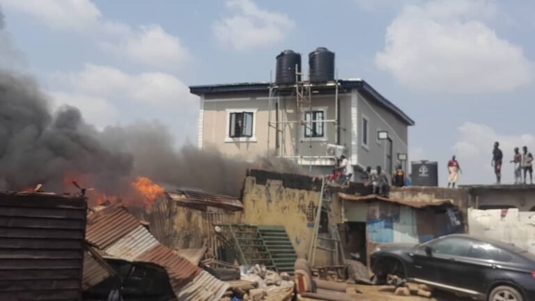 Firefighters battle blaze at Abule Egba scrap recycling site.
