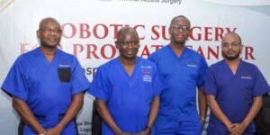 Surgeons performing prostate cancer surgery at a Lagos specialist hospital