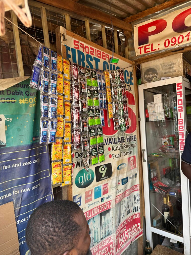 Sachet alcohol displayed openly in a Nigerian market despite government restrictions