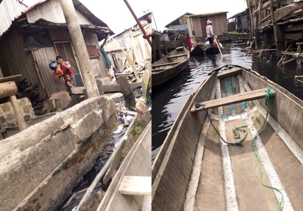Children in school uniform standing on makeshift structures in Makoko