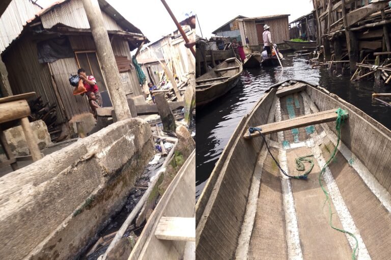 Children in school uniform standing on makeshift structures in Makoko