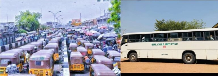 Kano city traffic with buses and tricycles during rush hour