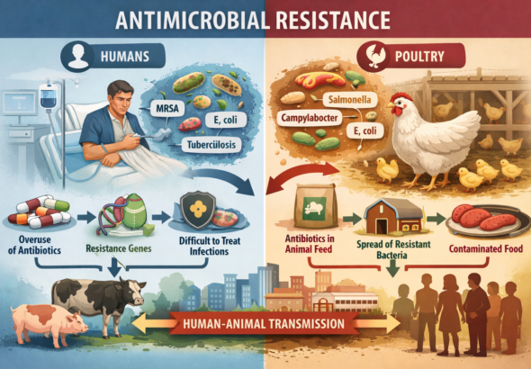 Poultry birds in a Nigerian farm illustrating antibiotic use in livestock and its link to antimicrobial resistance.