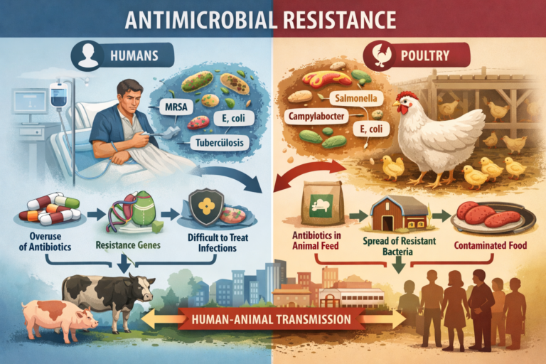Poultry birds in a Nigerian farm illustrating antibiotic use in livestock and its link to antimicrobial resistance.