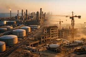 Nigerian oil refinery infrastructure at sunset