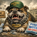 Satirical illustration of a bulldog labelled “NAFDAC DG” surrounded by leaking sachets of “pure water,” symbolising weak regulatory enforcement and Nigeria’s contaminated sachet water crisis.