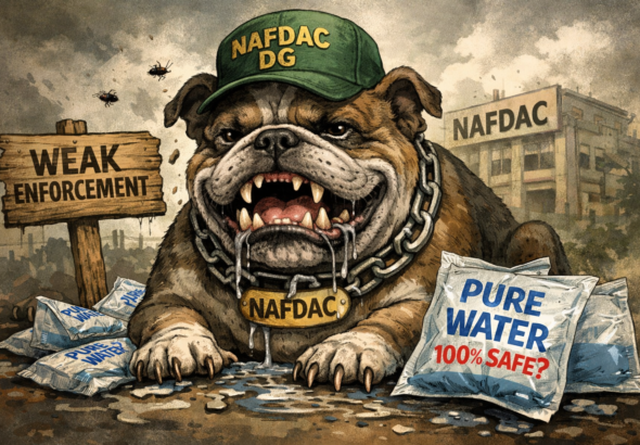 Satirical illustration of a bulldog labelled “NAFDAC DG” surrounded by leaking sachets of “pure water,” symbolising weak regulatory enforcement and Nigeria’s contaminated sachet water crisis.
