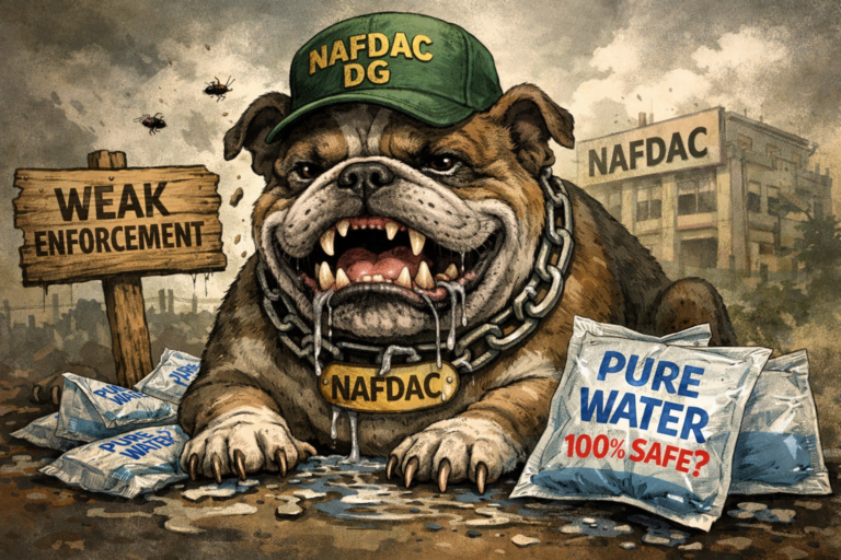 Satirical illustration of a bulldog labelled “NAFDAC DG” surrounded by leaking sachets of “pure water,” symbolising weak regulatory enforcement and Nigeria’s contaminated sachet water crisis.