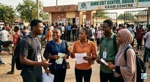 Candidates waiting at CBT centre during UTME disruption in Abuja