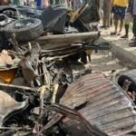 Wreckage of bus after crash on Lagos-Ibadan expressway