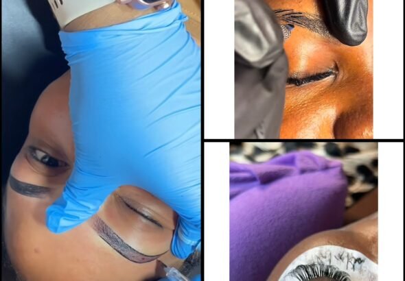 Technician performing microblading procedure on client in Nigerian beauty salon
