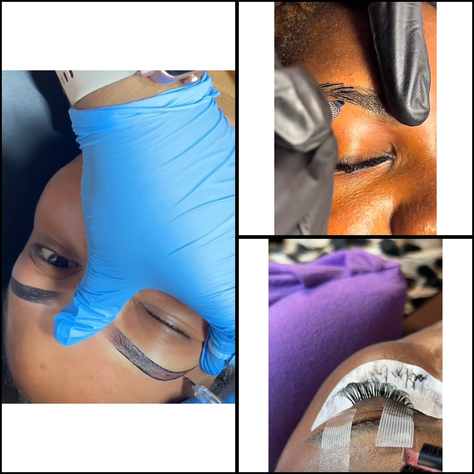 Technician performing microblading procedure on client in Nigerian beauty salon