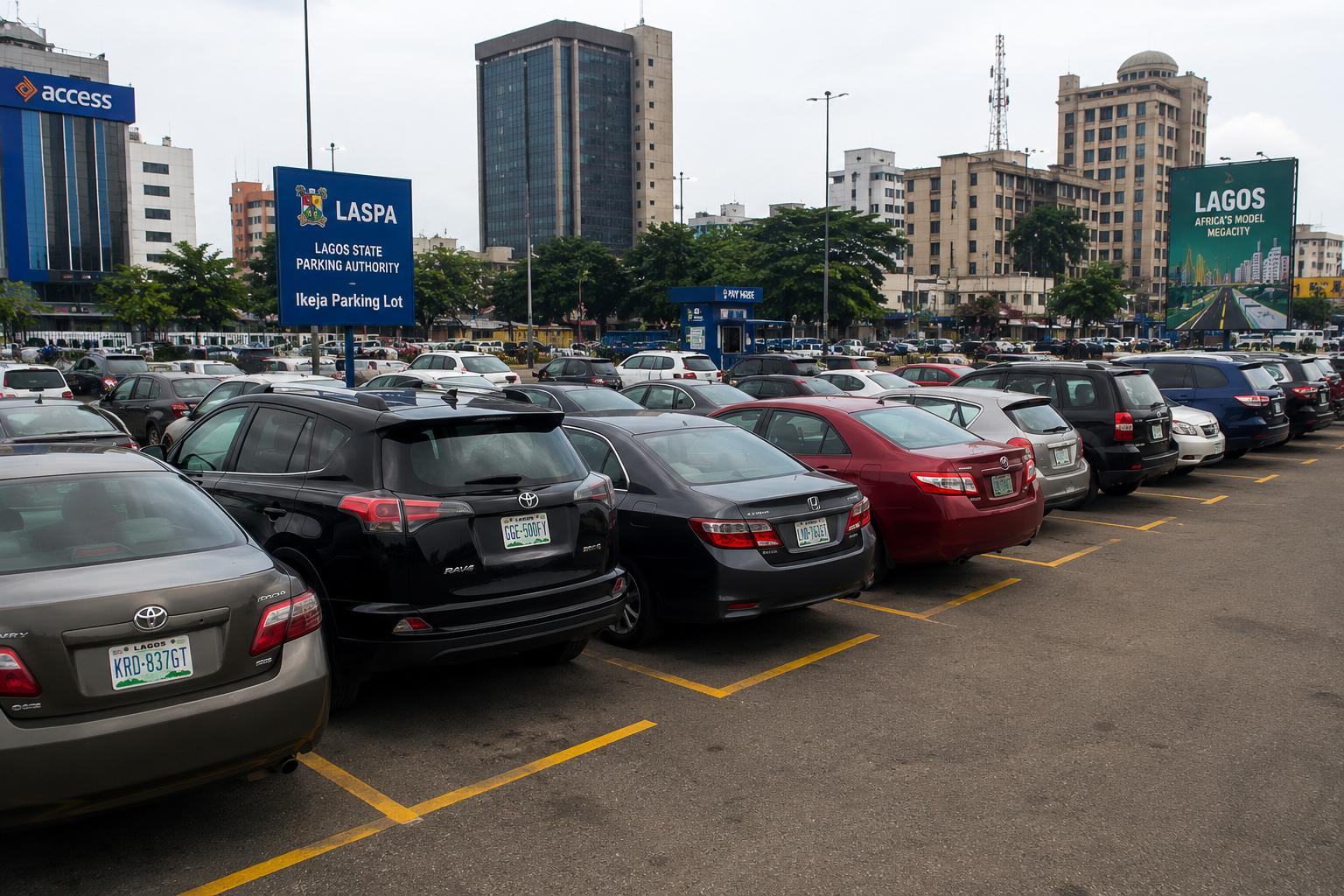 Vehicles parked along a busy Lagos street under traffic management measures