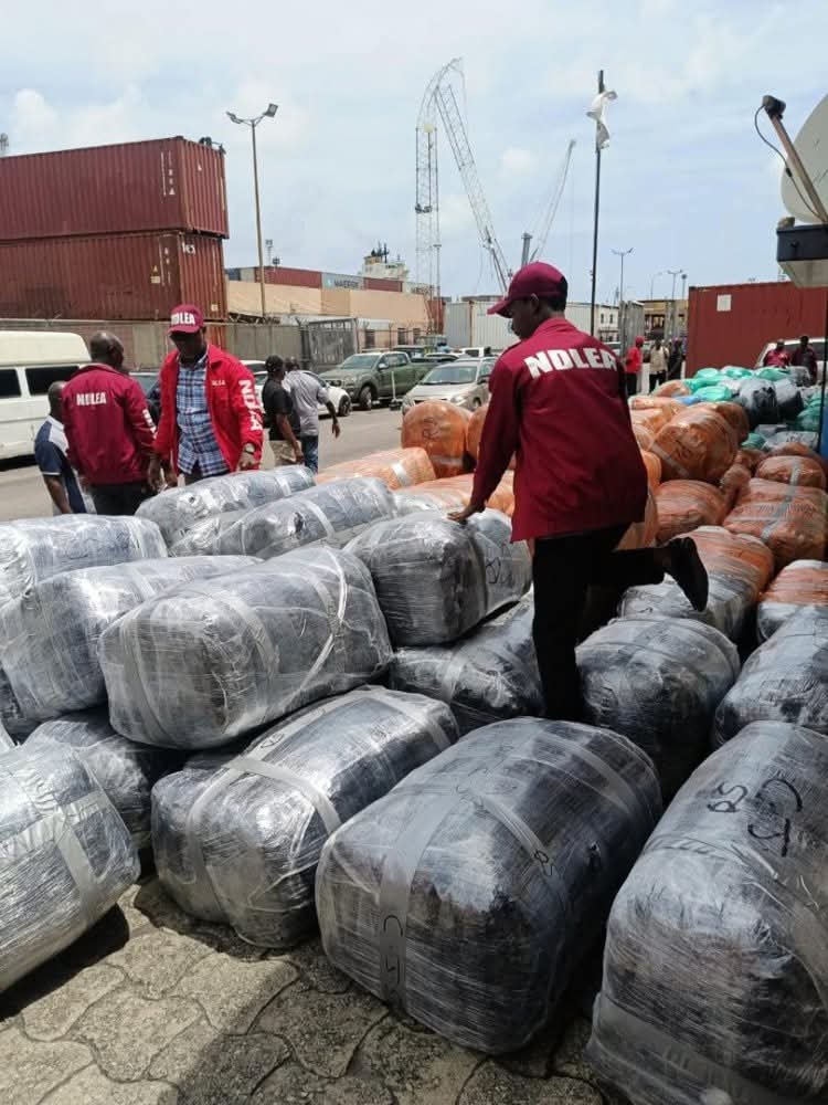 NDLEA officials display seized Canadian Loud cannabis shipment at Tincan Island Port in Lagos.