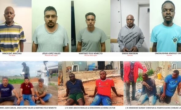 NDLEA operatives displaying seized methamphetamine chemicals during cartel raid