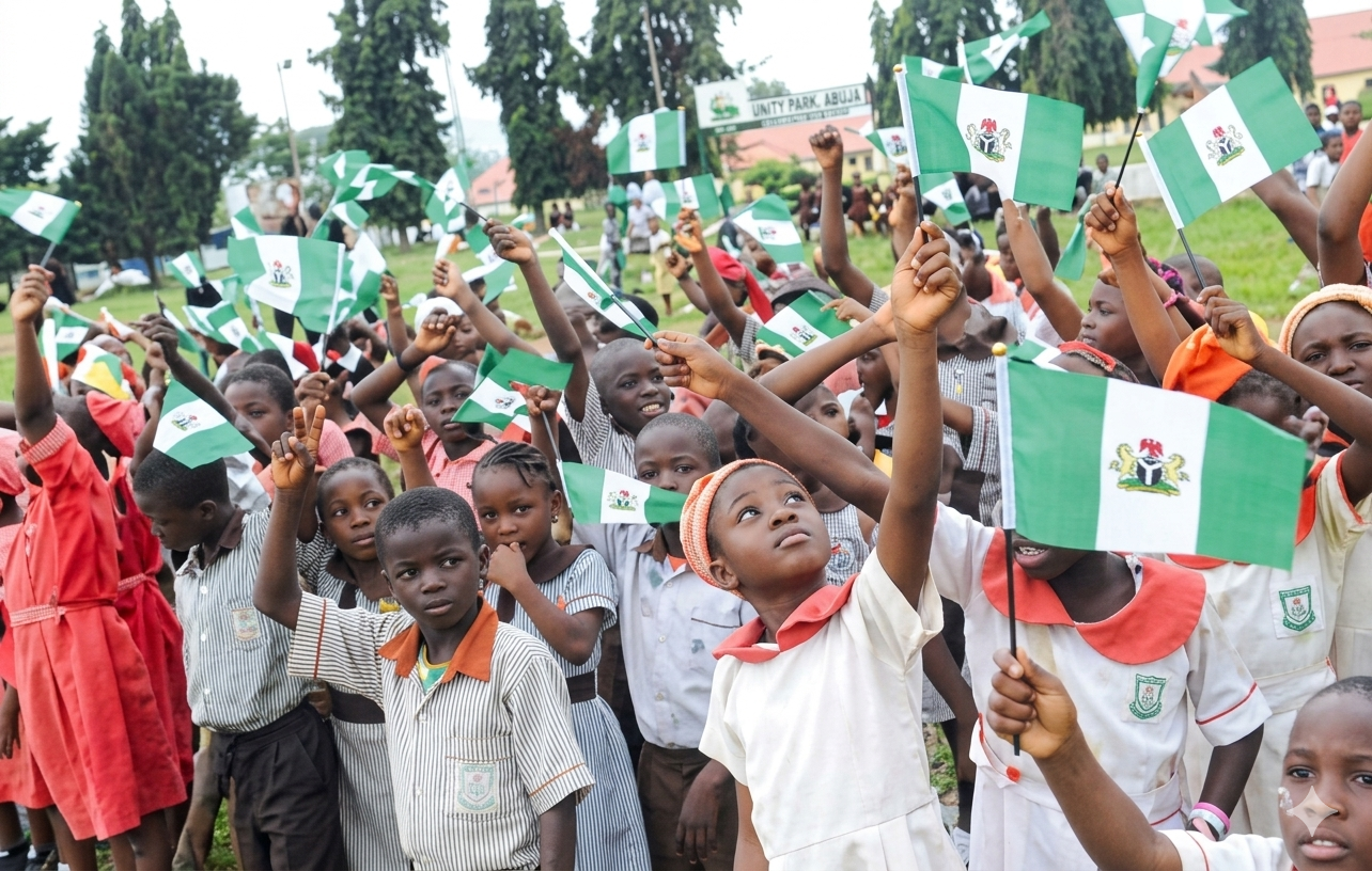 Nigerian school children celebrating Children’s Day amid concerns over education and child welfare challenges.
